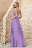 Cowl Neck Satin Floor Length Bridesmaid Dress with Pockets Long Formal Evening Dresses with Slit