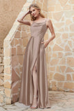 Cowl Neck Satin Floor Length Bridesmaid Dress with Pockets Long Formal Evening Dresses with Slit