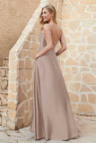 Cowl Neck Satin Floor Length Bridesmaid Dress with Pockets Long Formal Evening Dresses with Slit