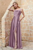 Cowl Neck Satin Floor Length Bridesmaid Dress with Pockets Long Formal Evening Dresses with Slit