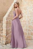 Cowl Neck Satin Floor Length Bridesmaid Dress with Pockets Long Formal Evening Dresses with Slit