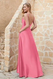 Cowl Neck Satin Floor Length Bridesmaid Dress with Pockets Long Formal Evening Dresses with Slit
