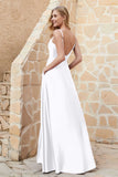 Cowl Neck Satin Floor Length Bridesmaid Dress with Pockets Long Formal Evening Dresses with Slit
