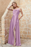 Cowl Neck Satin Floor Length Bridesmaid Dress with Pockets Long Formal Evening Dresses with Slit