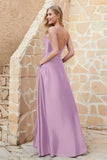 Cowl Neck Satin Floor Length Bridesmaid Dress with Pockets Long Formal Evening Dresses with Slit