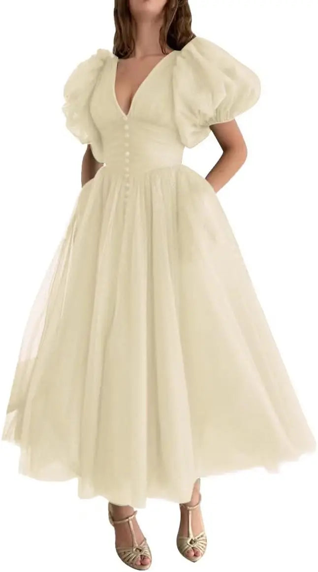 Puffy Sleeve Prom Dresses for Women Dotted Tulle V Neck Formal Evening Party Gowns Tea Length Bridesmaid Dresses