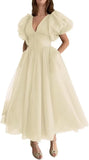 Puffy Sleeve Prom Dresses for Women Dotted Tulle V Neck Formal Evening Party Gowns Tea Length Bridesmaid Dresses