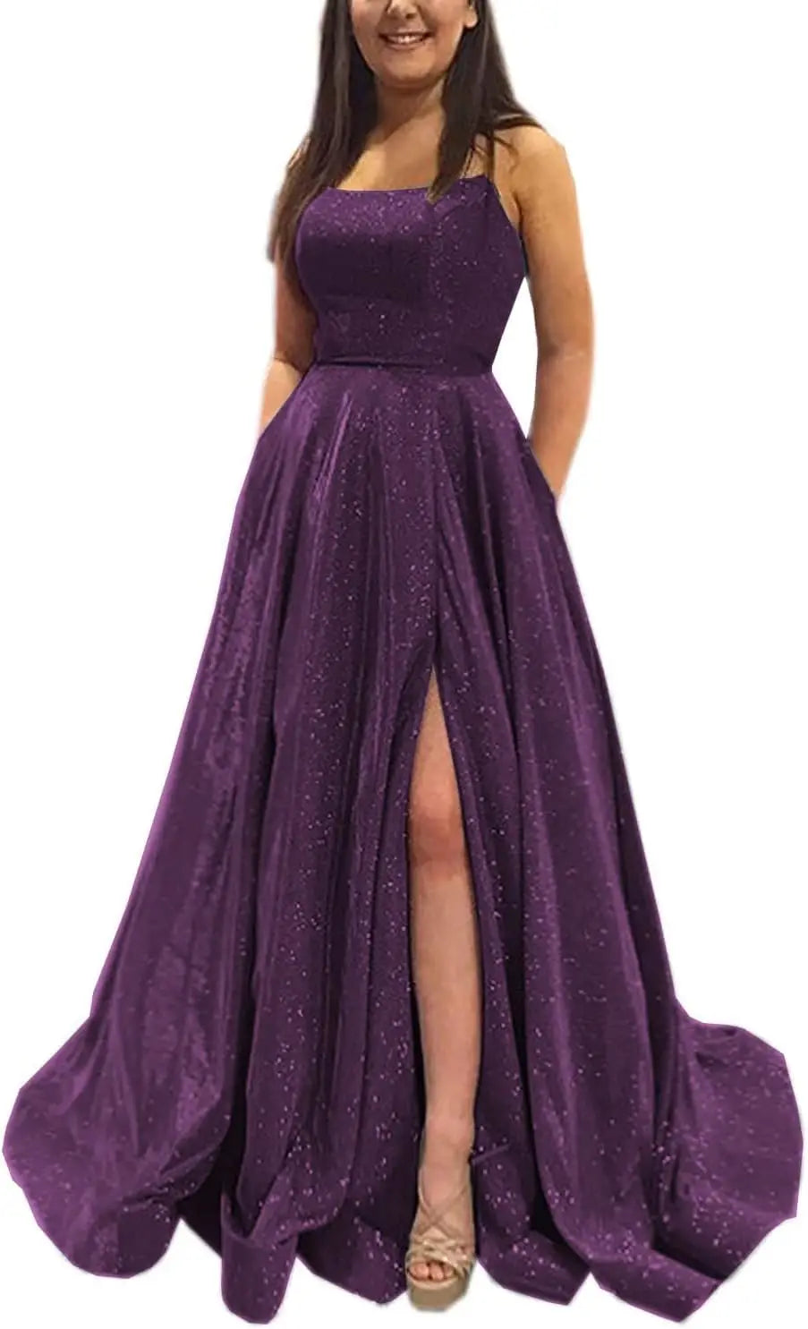 Vestidos de fiesta con purpurina para mujer, 2025, con tirantes finos abiertos, largos, formales, para noche, boda, fiesta, baile, con bolsillos 