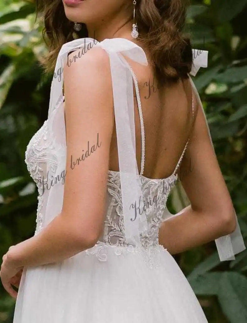 Gepunktetes Tüll Spaghettiträger Brautkleid A-Linie Spitze Brautkleider Schulterschleife Custom Brautkleid einfache Brautkleider 