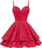 Tiered Sequin Homecoming Dresses Short for Teens 2025 Spaghetti Straps A-Line Prom Dress mini dress  party dresses