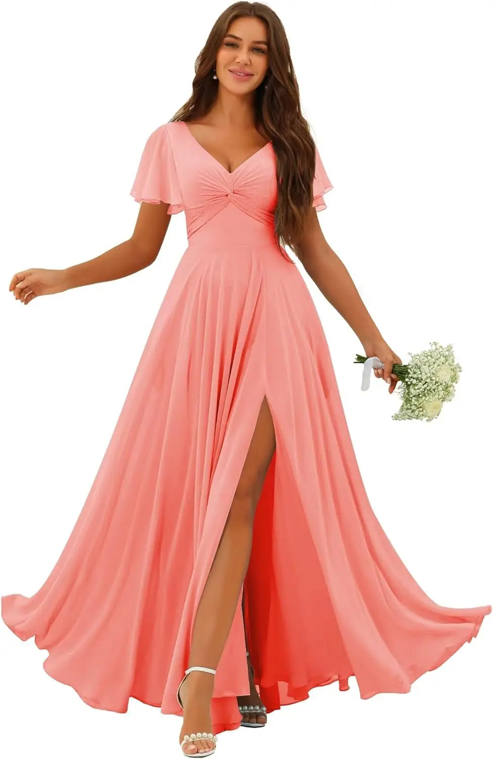 Custom Made Flutter Sleeves Split Bridesmaid Dresses with Slit Long V Neck Empire Waist Formal Evening Dress for Women Wedding