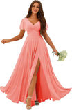 Custom Made Flutter Sleeves Split Bridesmaid Dresses with Slit Long V Neck Empire Waist Formal Evening Dress for Women Wedding