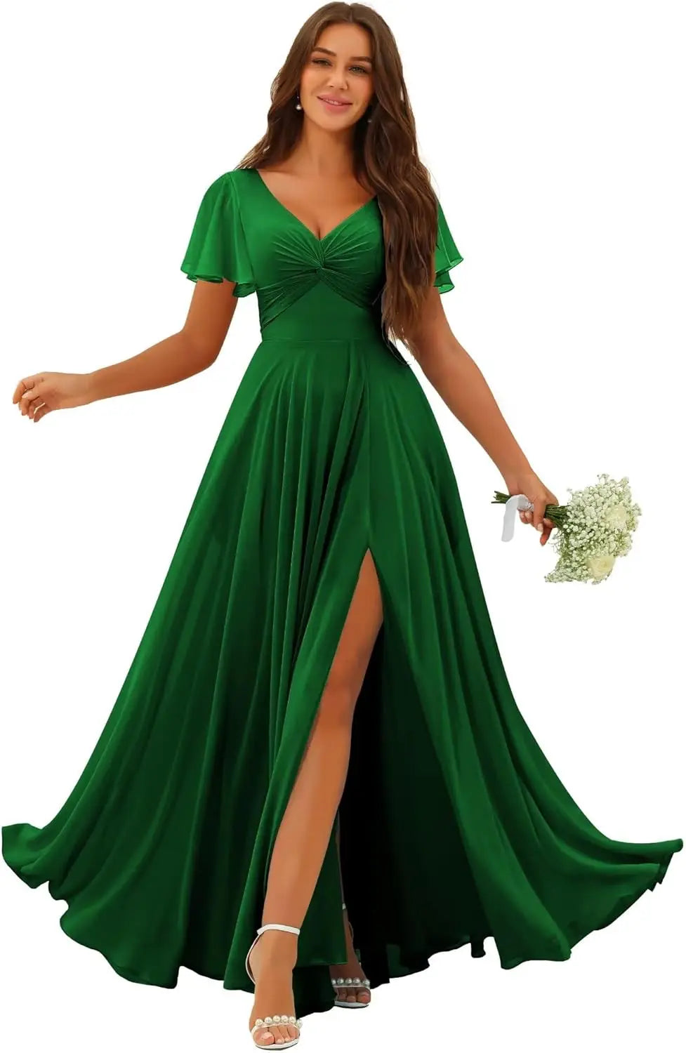 Custom Made Flutter Sleeves Split Bridesmaid Dresses with Slit Long V Neck Empire Waist Formal Evening Dress for Women Wedding