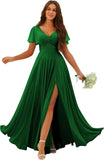 Custom Made Flutter Sleeves Split Bridesmaid Dresses with Slit Long V Neck Empire Waist Formal Evening Dress for Women Wedding