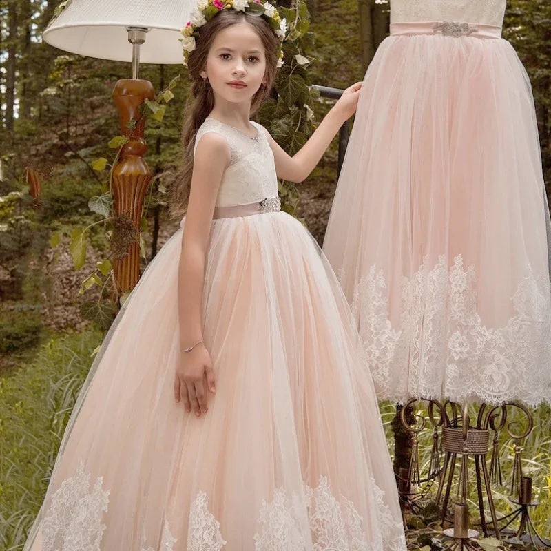 Champagne Appliques Lace Hem With Belt Sleeveless For Wedding Birthday Party Banquet First Communion Gowns Flower Girl Dresses