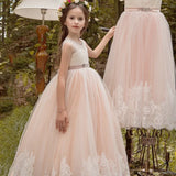 Champagne Appliques Lace Hem With Belt Sleeveless For Wedding Birthday Party Banquet First Communion Gowns Flower Girl Dresses