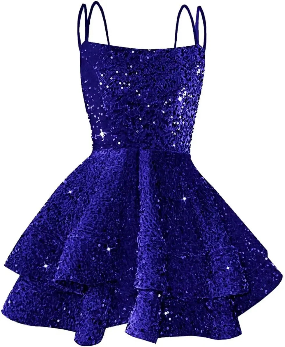 Hübsches, funkelndes Pailletten-Heimkehrkleid für Teenager, kurzes, gestuftes Ballkleid mit quadratischem Ausschnitt und A-Linie, Cocktail-Club-Partykleid 