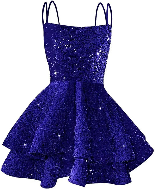 Hübsches, funkelndes Pailletten-Heimkehrkleid für Teenager, kurzes, gestuftes Ballkleid mit quadratischem Ausschnitt und A-Linie, Cocktail-Club-Partykleid 