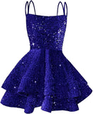 Hübsches, funkelndes Pailletten-Heimkehrkleid für Teenager, kurzes, gestuftes Ballkleid mit quadratischem Ausschnitt und A-Linie, Cocktail-Club-Partykleid 