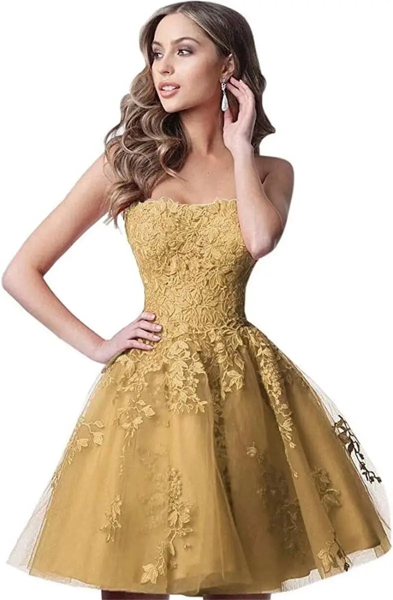 Spitzen-Heimkehrkleider, kurz, A-Linie, trägerlos, formelle Cocktailparty-Kleider, Abschlussballkleid, Ballkleider, Minikleid 