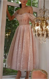 Sparkly Tulle Prom Dresses for Women Off Shoulder Pleated Formal Evening Party Gowns