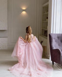 Vestido de tul con encaje para niña pequeña, para boda, con cola, para cumpleaños de niña, vestidos para niñas pequeñas para fiesta y boda, vestido de niña de flores color ruborizado 