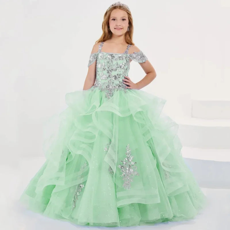 Vestidos de princesa sin mangas para bodas, fiestas de cumpleaños, banquetes, vestidos de niña de las flores, tul azul cielo, apliques florales plateados escalonados 