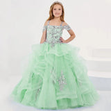 Vestidos de princesa sin mangas para bodas, fiestas de cumpleaños, banquetes, vestidos de niña de las flores, tul azul cielo, apliques florales plateados escalonados 