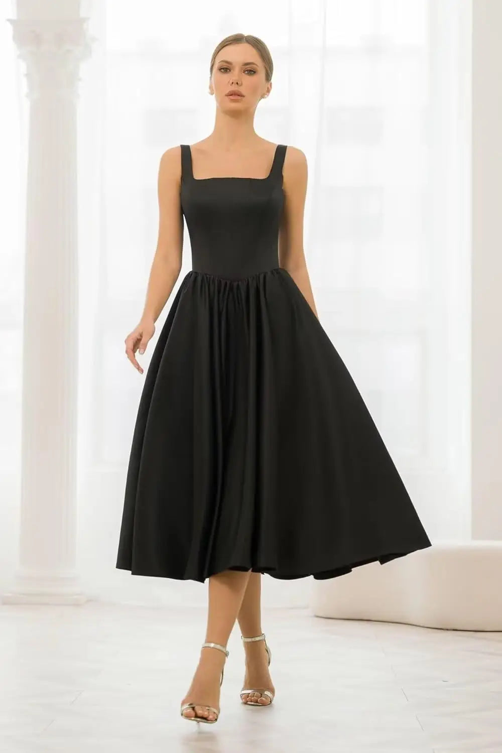 A-Line Pleated Tea-Length Satin Homecoming Dress,Spaghetti Straps Ruffled Formal Prom Dress Party Gown for Women