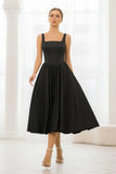A-Line Pleated Tea-Length Satin Homecoming Dress,Spaghetti Straps Ruffled Formal Prom Dress Party Gown for Women