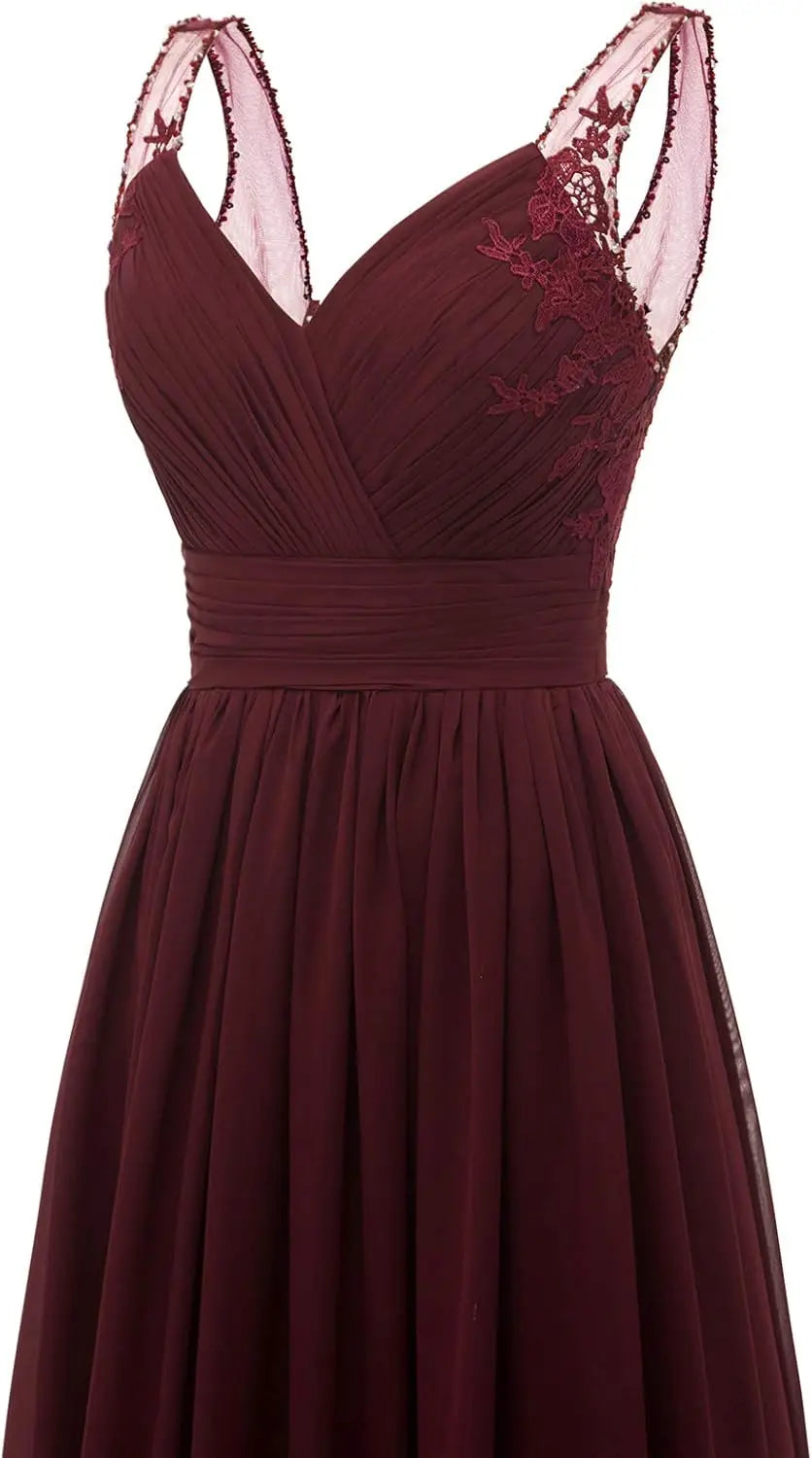 Chiffon-Spitze Brautjungfernkleider lang für Damen V-Ausschnitt Plissee Tüll Träger A-Linie Abschlussball Abend Hochzeit formelle Kleider 