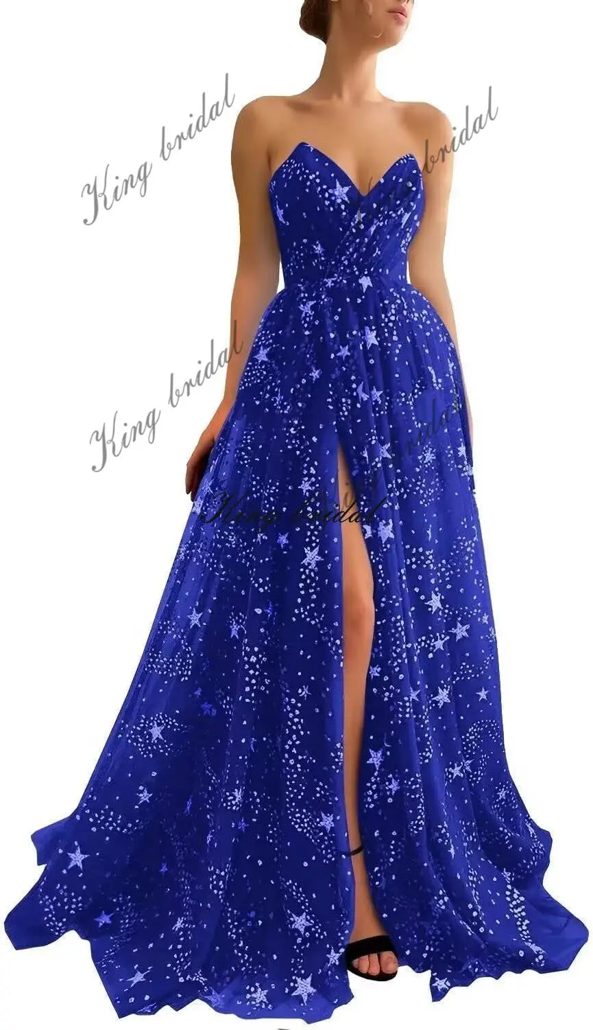 Custom Made Women's Sparkle Starry Tulle Prom Dresses Strapless Slit Formal Evening Wedding Party Gowns Long Sweetheart Dress