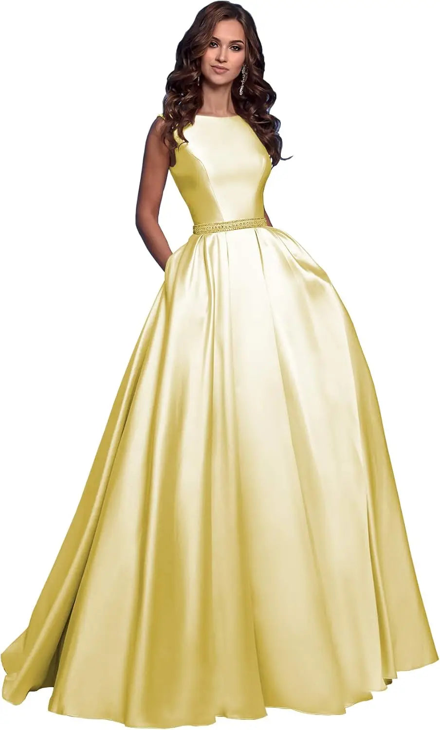 Damen A-Linie Satin Ballkleid Langes Ballkleid Gerafftes Perlenbesetztes Abendkleid Formales Partykleid mit Taschen 