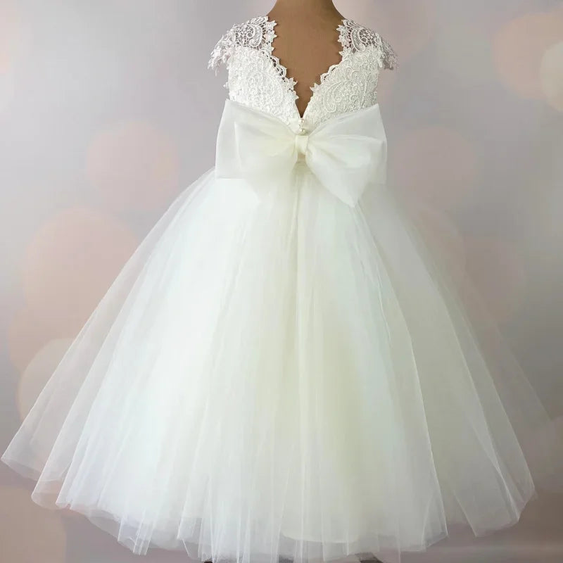 Vestidos de niña de las flores con apliques de tul blanco y lazo, sin mangas, para bodas, cumpleaños, fiestas, primera comunión. 