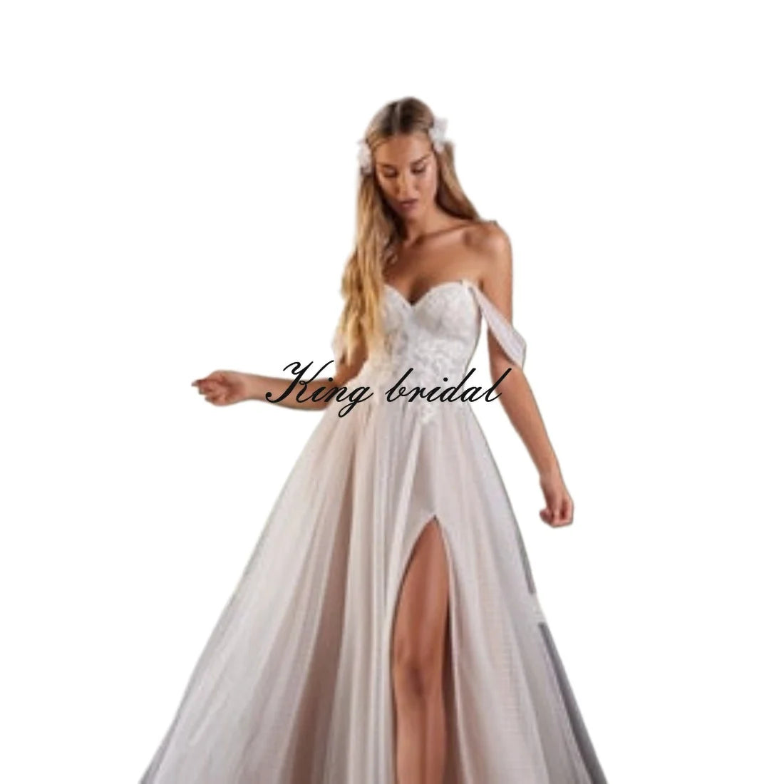 Vestido de novia de tul con abertura y lunares, vestido de novia de encaje, escote corazón, hombros descubiertos, vestido de novia con corsé y falda con abertura 