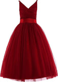 Vestido de tul con tirantes finos para niñas de flores, largo, corte A, para bodas, desfiles, princesas, fiestas de cumpleaños, vestidos de gala 