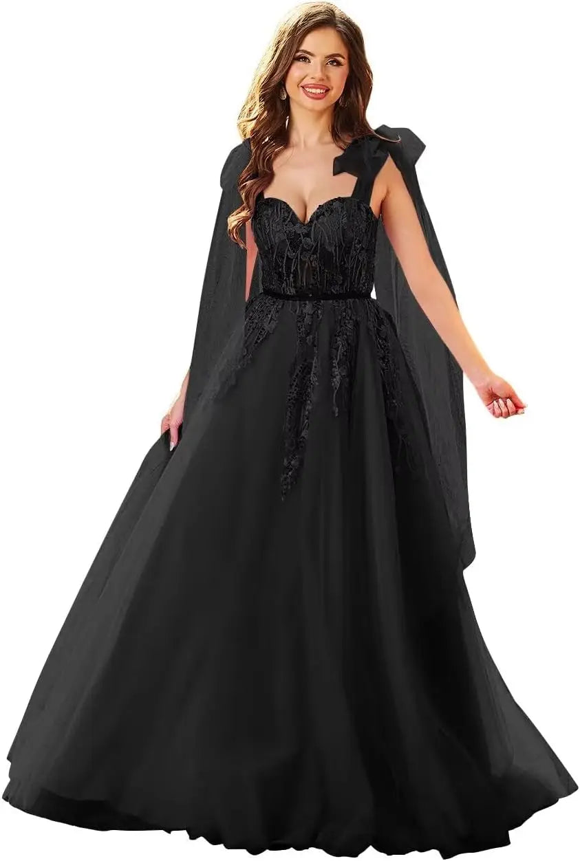 Vestidos de fiesta de tul con apliques de encaje para mujer, tirantes finos ajustables, vestidos de gala largos de corte A, vestidos de noche, vestidos de fiesta 