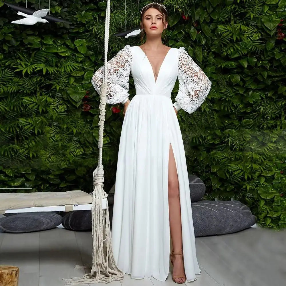 Langärmliges Brautjungfernkleid, Chiffon, Ballkleid, langes Hochzeitskleid mit Spitzenapplikation, V-Ausschnitt, formelle Kleider mit Schlitz 