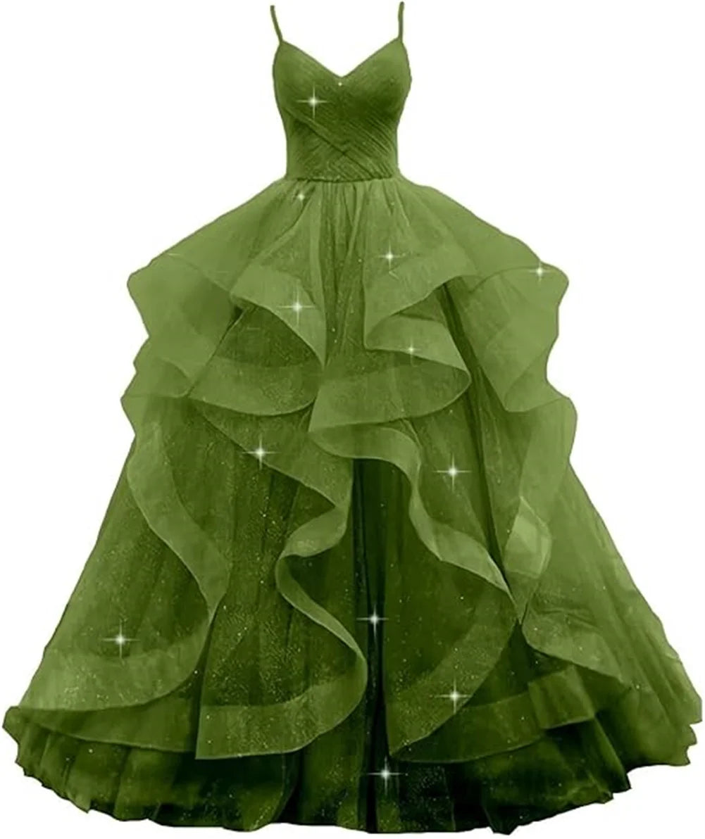 Customized V Neck Glitter Tulle Long Prom Dresses Spaghetti Straps Ball Gown For Women Puffy Tiered Formal Evening Party Dresses