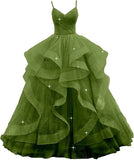 Customized V Neck Glitter Tulle Long Prom Dresses Spaghetti Straps Ball Gown For Women Puffy Tiered Formal Evening Party Dresses