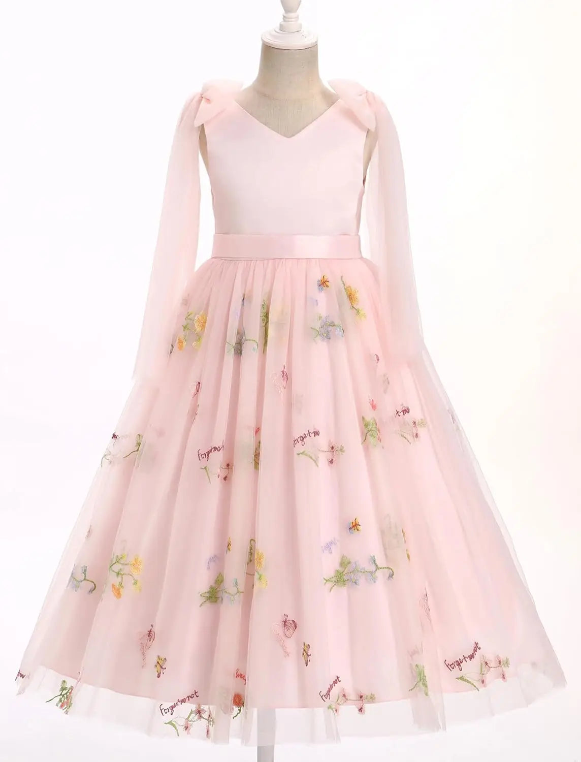 Flower Girl Maxi Dress Wedding Formal Bridesmaid Floral Embroidered Tulle Skirt Princess Pageant First Communion Gown