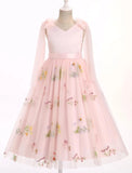 Flower Girl Maxi Dress Wedding Formal Bridesmaid Floral Embroidered Tulle Skirt Princess Pageant First Communion Gown
