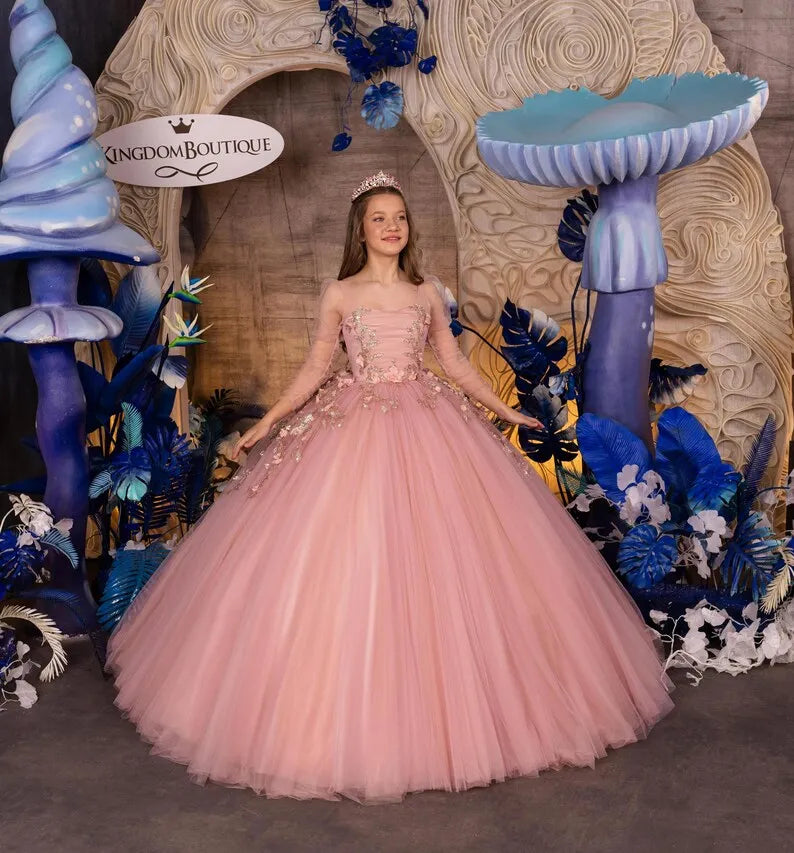 Blumenmädchenkleid Tüllspitze Rosa Erstkommunionkleid Junior Brautjungfernkleid Prinzessinnenkleider für Party und Hochzeit 