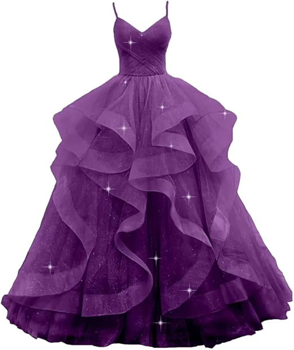 Customized V Neck Glitter Tulle Long Prom Dresses Spaghetti Straps Ball Gown For Women Puffy Tiered Formal Evening Party Dresses