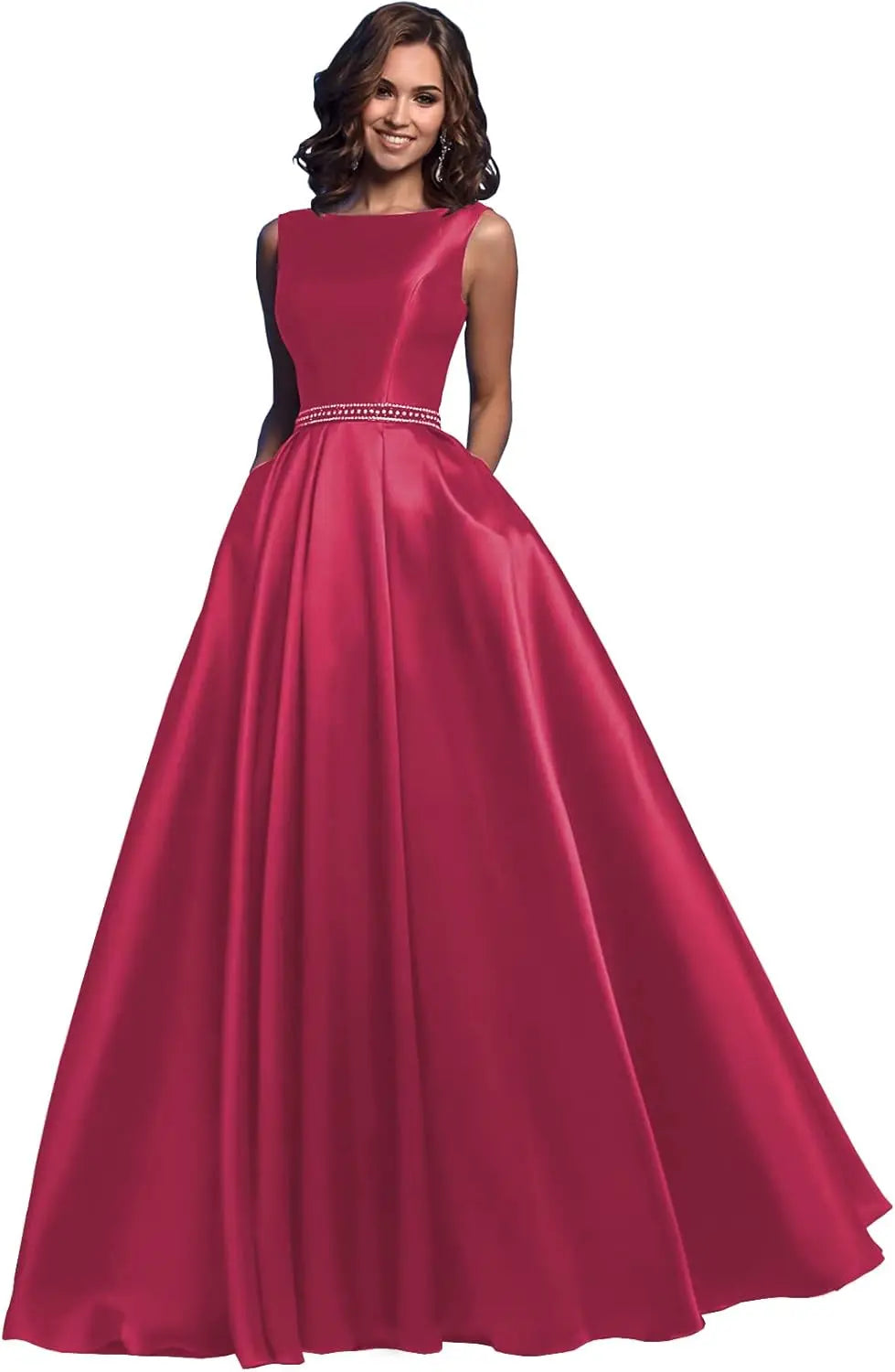 Damen A-Linie Satin Ballkleid Langes Ballkleid Gerafftes Perlenbesetztes Abendkleid Formales Partykleid mit Taschen 