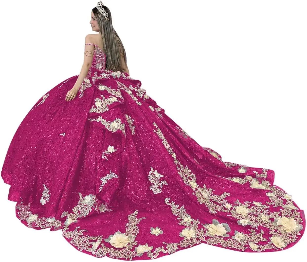 Gold Appliques Quinceanera Dresses with Train Spaghetti Strap Lace Sweet 16 Dresses Layered Ruffles Beaded Ball Gown
