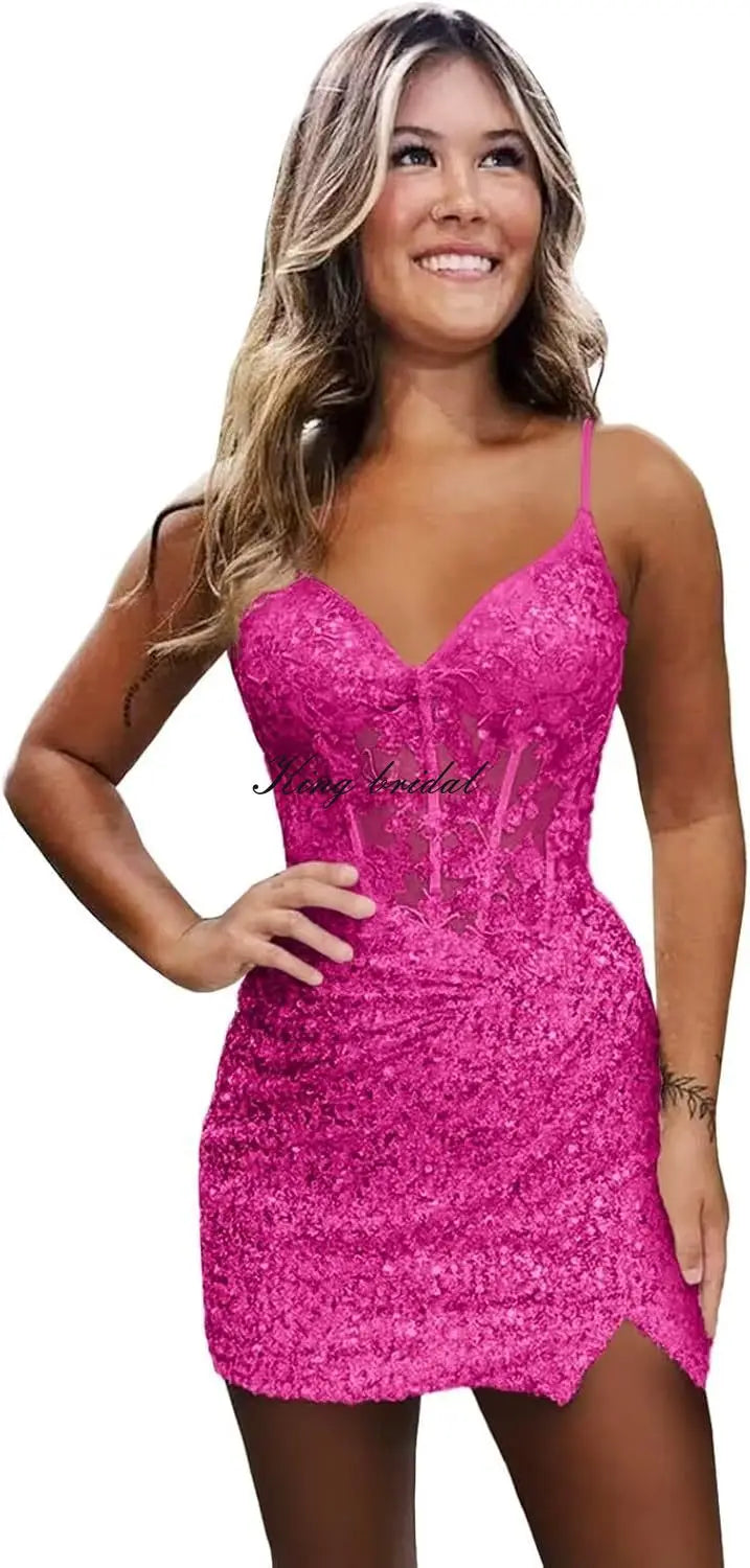 Sparkly Sequin Homecoming Dresses for Teens Short Tight Appliques Mini Formal Prom Cocktail Gown 2025 Wedding Party Dresses