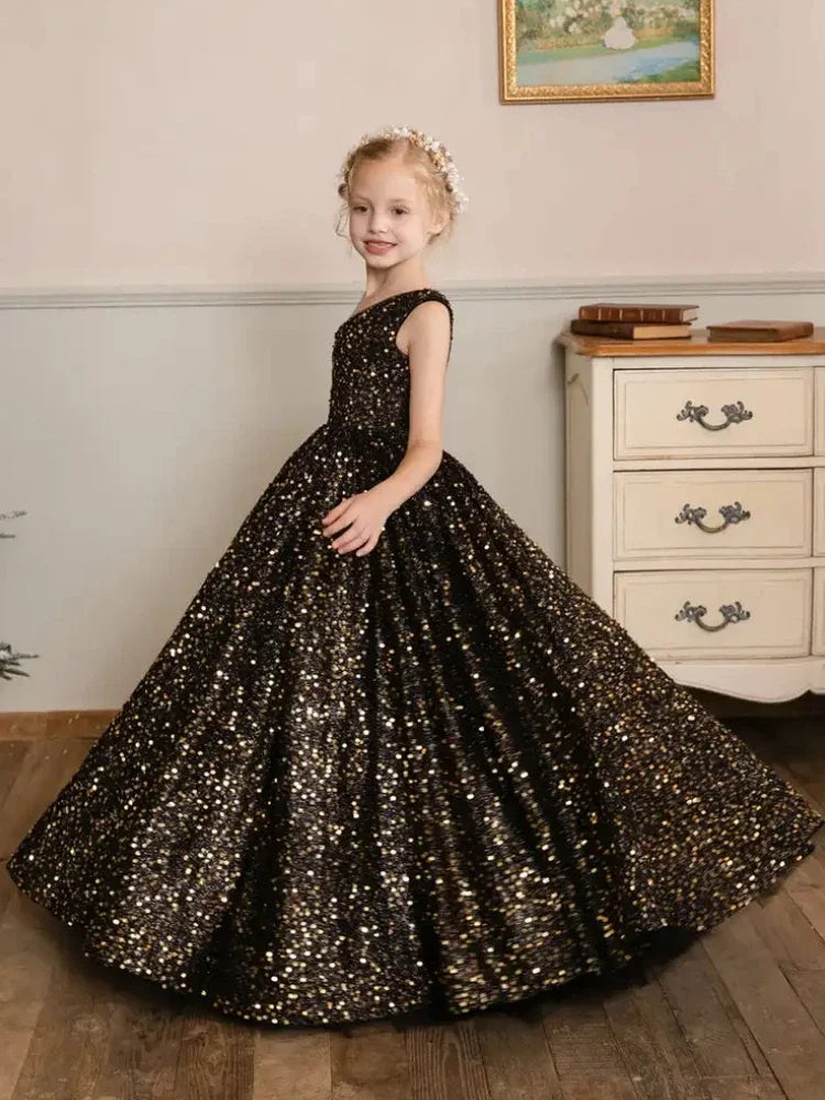 Vestido de princesa con lentejuelas abullonadas color burdeos, de un solo hombro, para bodas, fiestas de cumpleaños, banquetes, vestidos de niña de las flores, vestido de princesa 