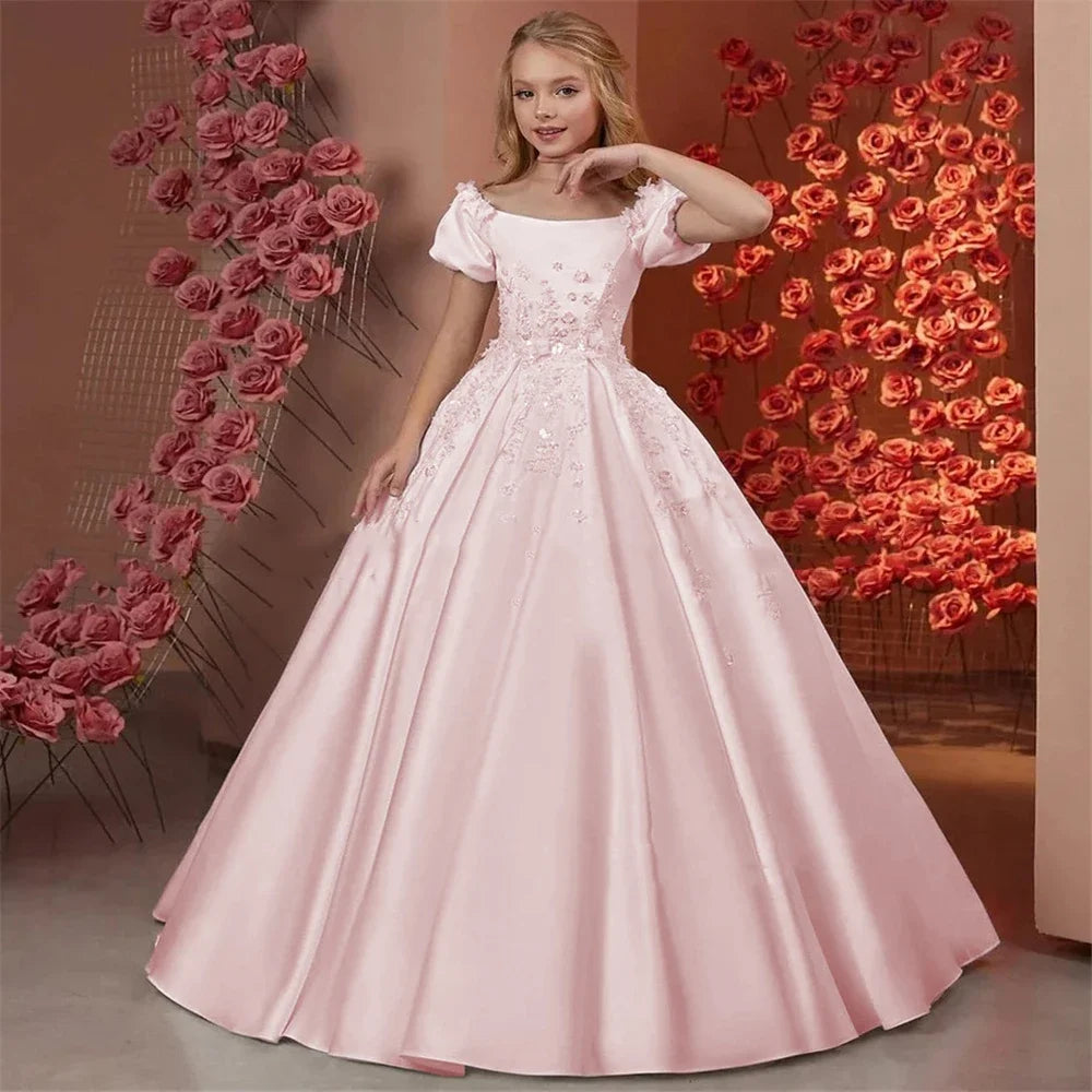Vestido elegante de primera comunión para niña, largo hasta el suelo, para fiesta de cumpleaños infantil, 2026, para boda, de satén con cuentas y flores. 