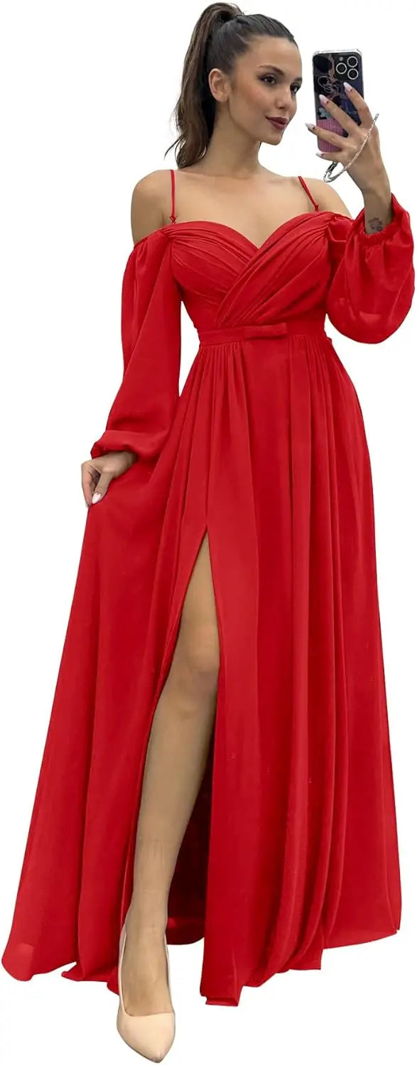Vestido de dama de honor de manga larga para mujer, con tirantes finos, para invitada de boda, con abertura y bolsillos, vestido formal fruncido. 
